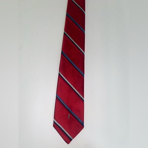 YSL Men's Red Striped Silk Neck Tie - Picture 8 of 10